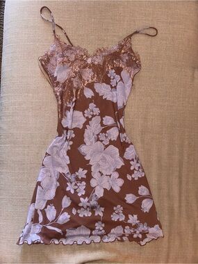 Floral Lace Trim Slip Dress in Brown and Lilac